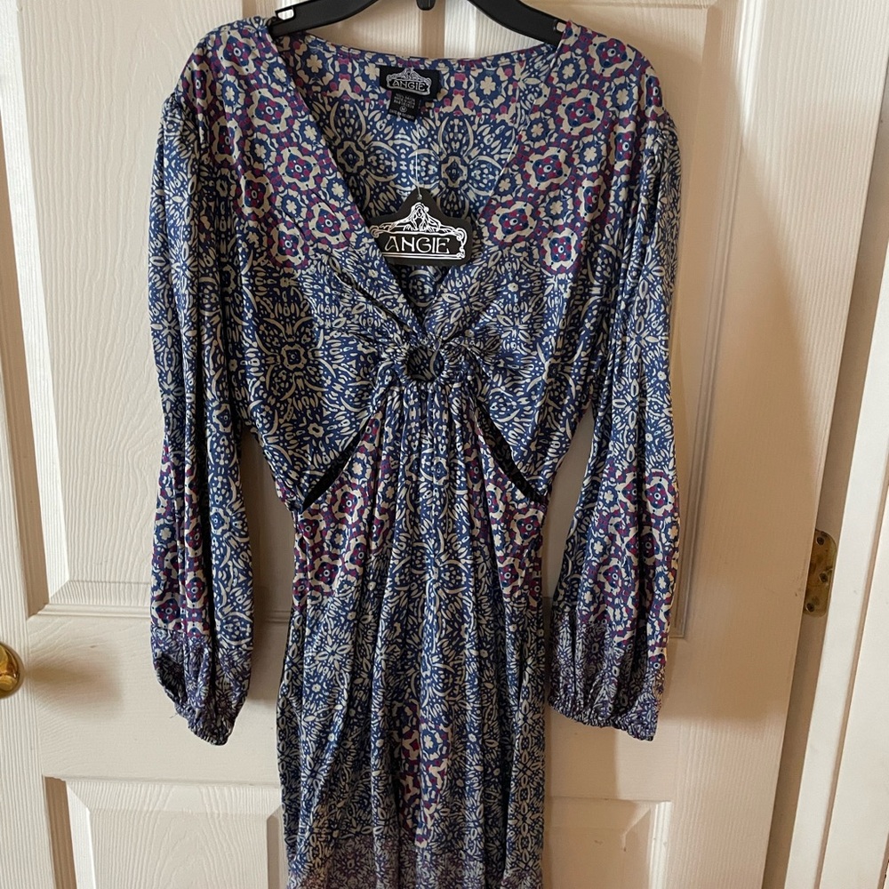 Angie Long Sleeve Dress with Blue and Purple Motif
